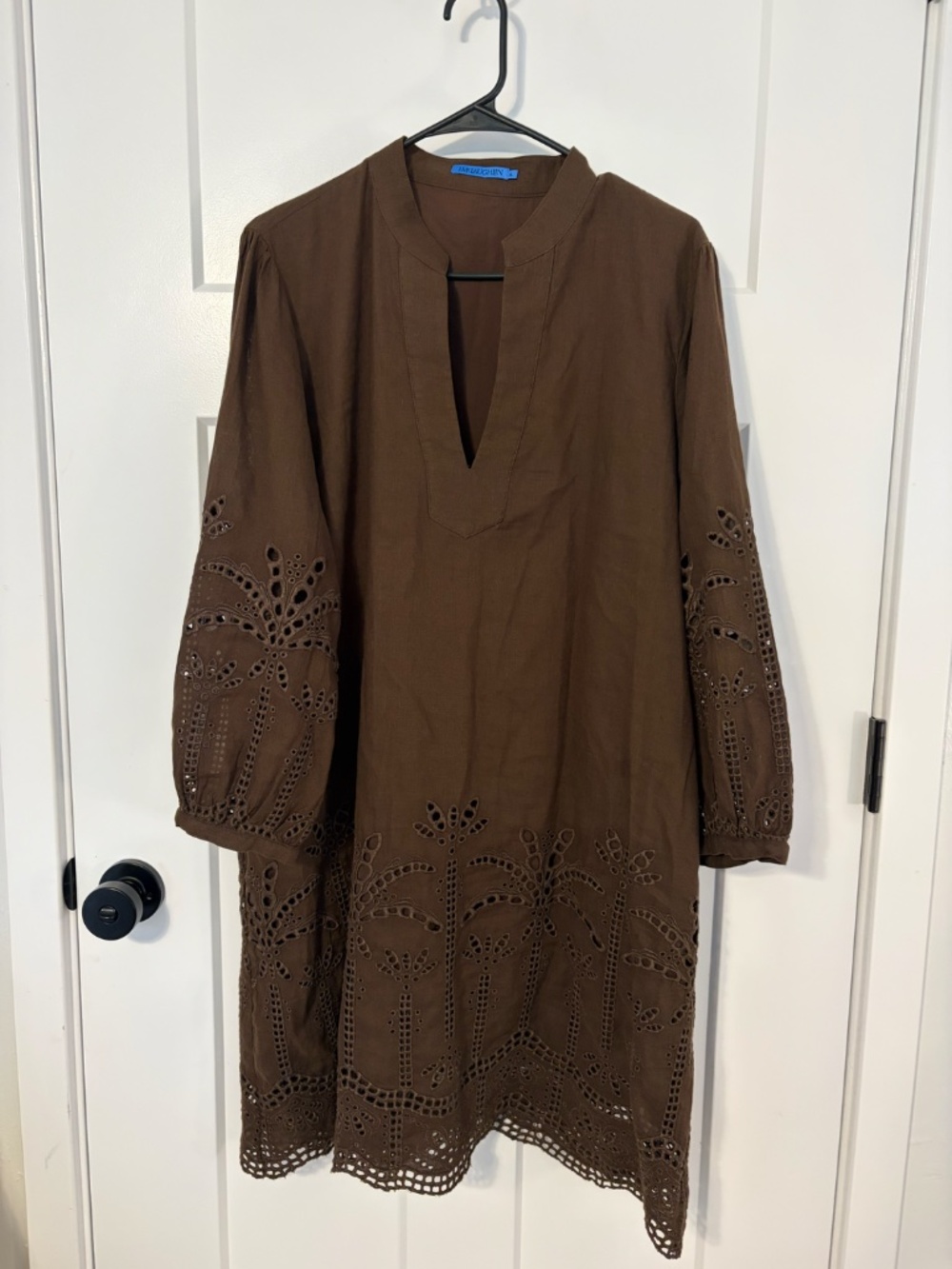 J.Mclaughlin 3/4 Sleeve Linen Blend Newbury Eyelet Dress Lined Brown Women's XL - Picture 2 of 13
